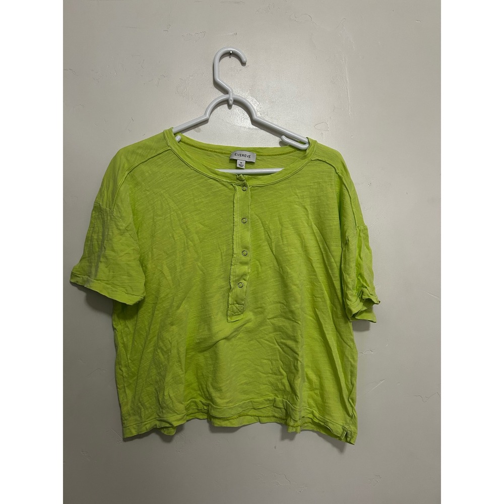 Evereve Womens Lime Green Cotton Slub Henley Short Sleeve Boxy Crop Top Size M